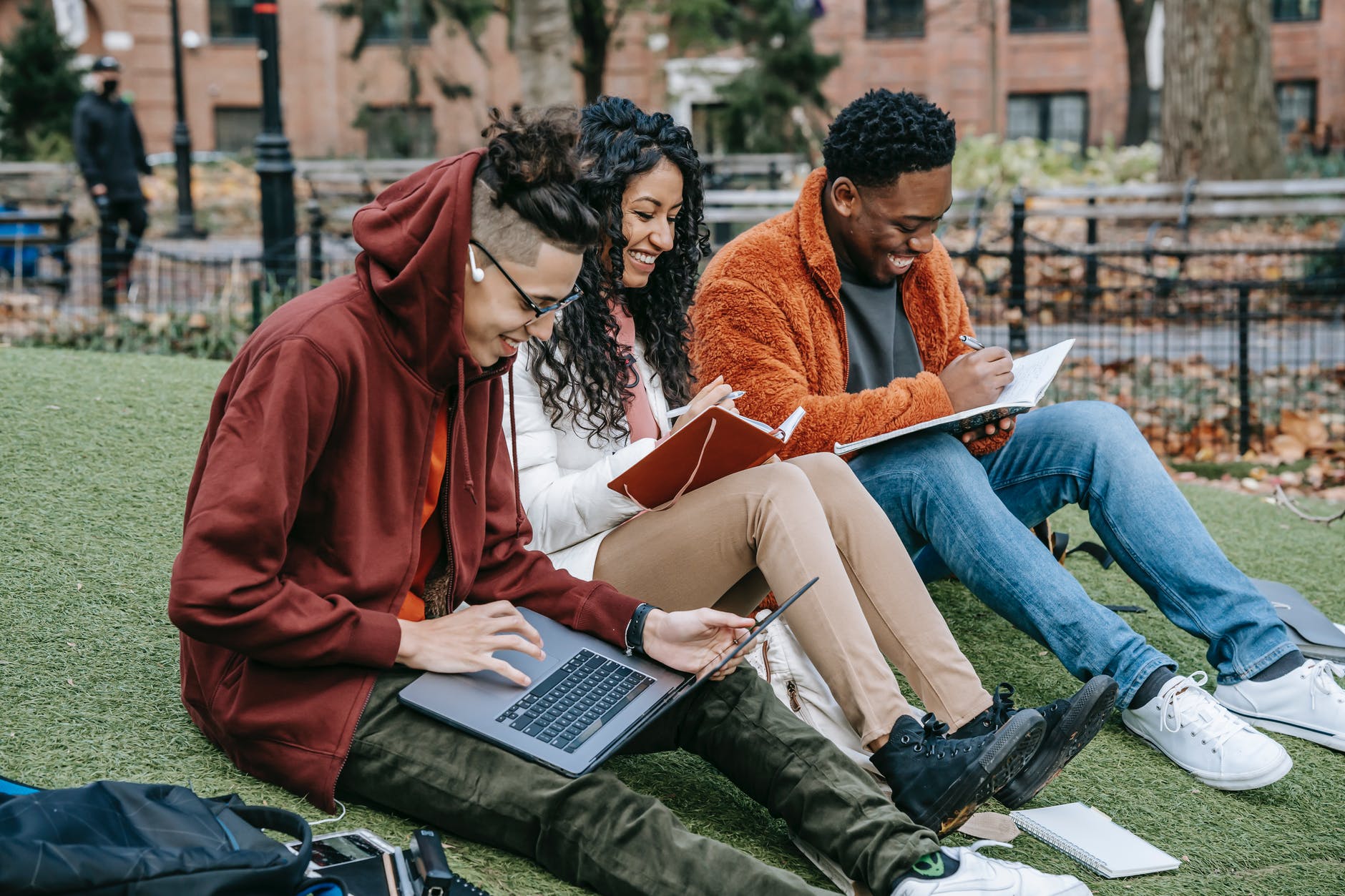 cheerful diverse classmates studying in park